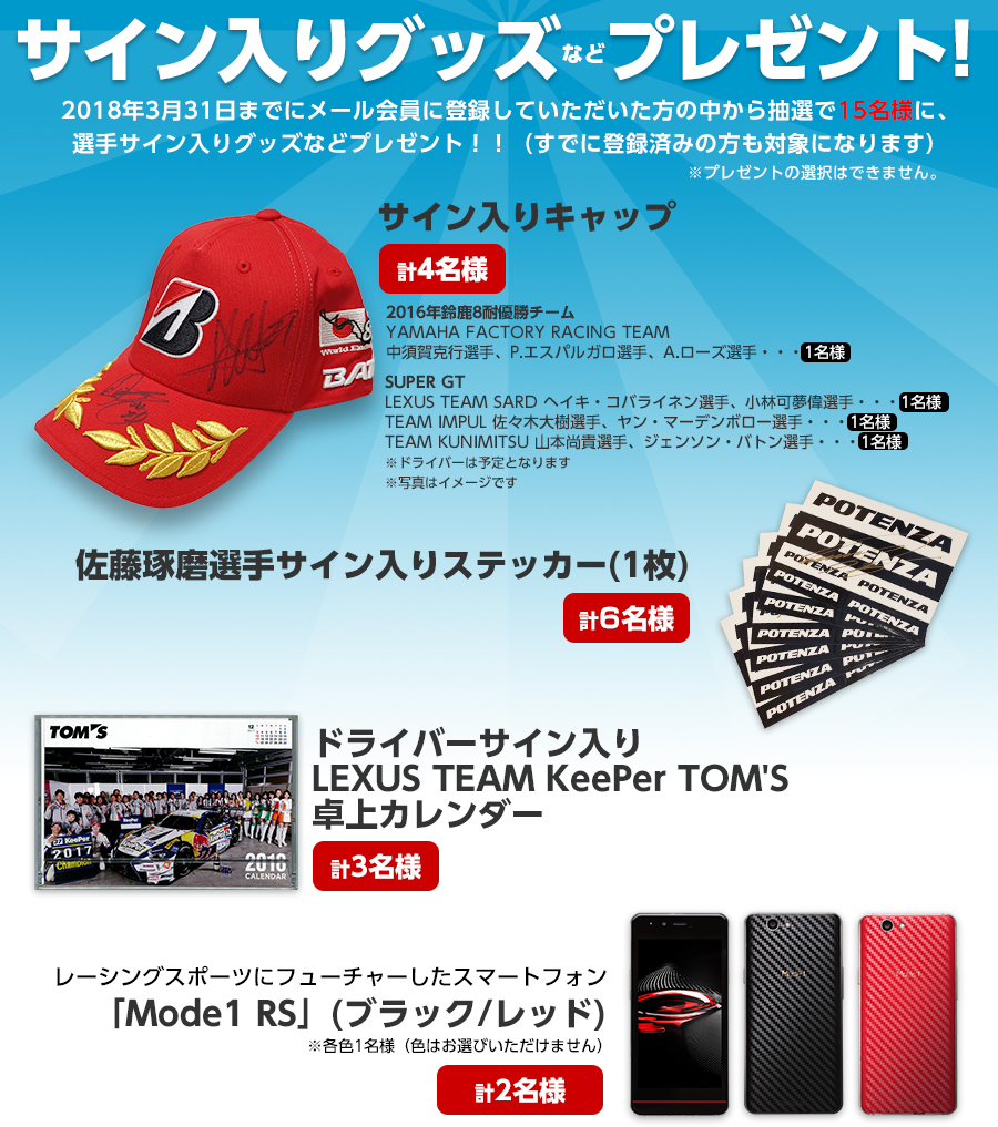 サイン入りグッズプレゼント2018年3月31日までにメール会員に登録していただいた方の中から抽選で15名様に、選手サイン入りグッズなどプレゼント！！（すでに登録済みの方も対象になります）※プレゼントの選択はできません。　サイン入りキャップ計4名様、佐藤琢磨選手サイン入りステッカー計6名様、ドライバーサイン入りLEXUS TEAM KeePer TOMS 卓上カレンダー計3名様、「Mode1 RS」(ブラック/レッド)計2名様