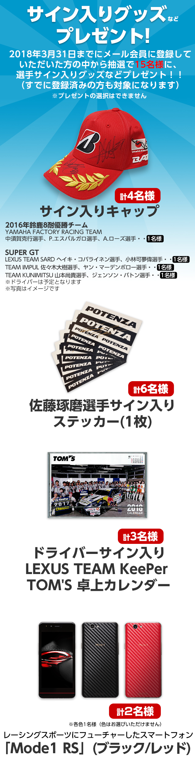 サイン入りグッズプレゼント2018年3月31日までにメール会員に登録していただいた方の中から抽選で15名様に、選手サイン入りグッズなどプレゼント！！（すでに登録済みの方も対象になります）※プレゼントの選択はできません。　サイン入りキャップ計4名様、佐藤琢磨選手サイン入りステッカー計6名様、ドライバーサイン入りLEXUS TEAM KeePer TOMS 卓上カレンダー計3名様、「Mode1 RS」(ブラック/レッド)計2名様